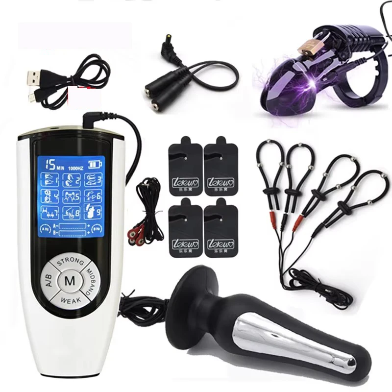 USB Chargeable CB6000 Chastity Cock Cage with Electro Shock E-stim Penis Ring Anal Plug Massage Pad -Grade BDSM Sex Toy for Men