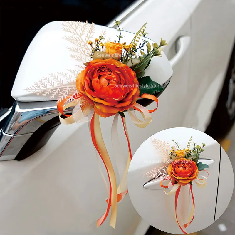 4 STKS Kunstbloem Decoratie Outdoor Auto Spiegel Deur Romantische Bloemen Bruiloft Decor Lint Nep Bloem Decoratie Benodigdheden