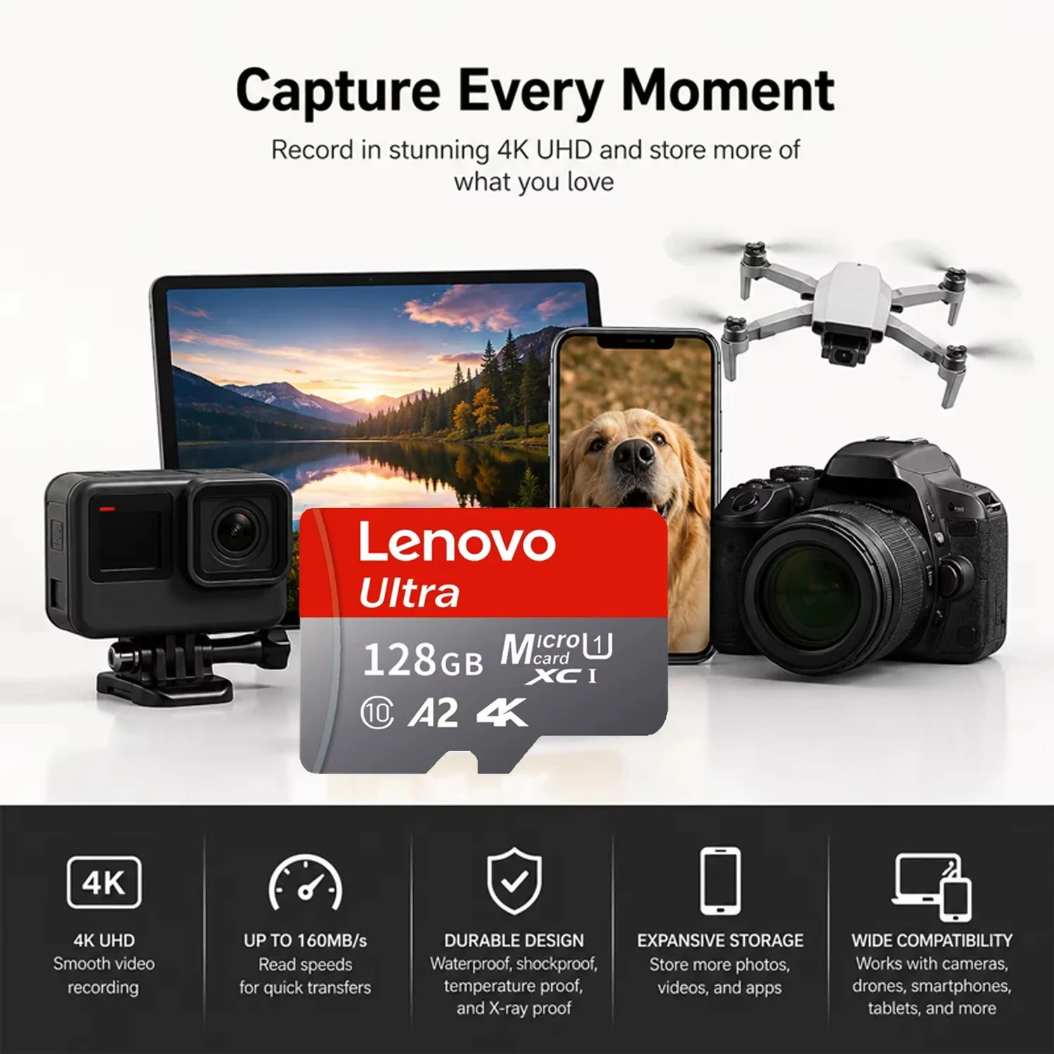 Karta pamięci Lenovo 2TB High Speed Class10 o dużej pojemności V30 Micro SD, dostępna w różnych rozmiarach, do komputera, telefonu, kamery i monitoringu. — zdjęcie produktu 4