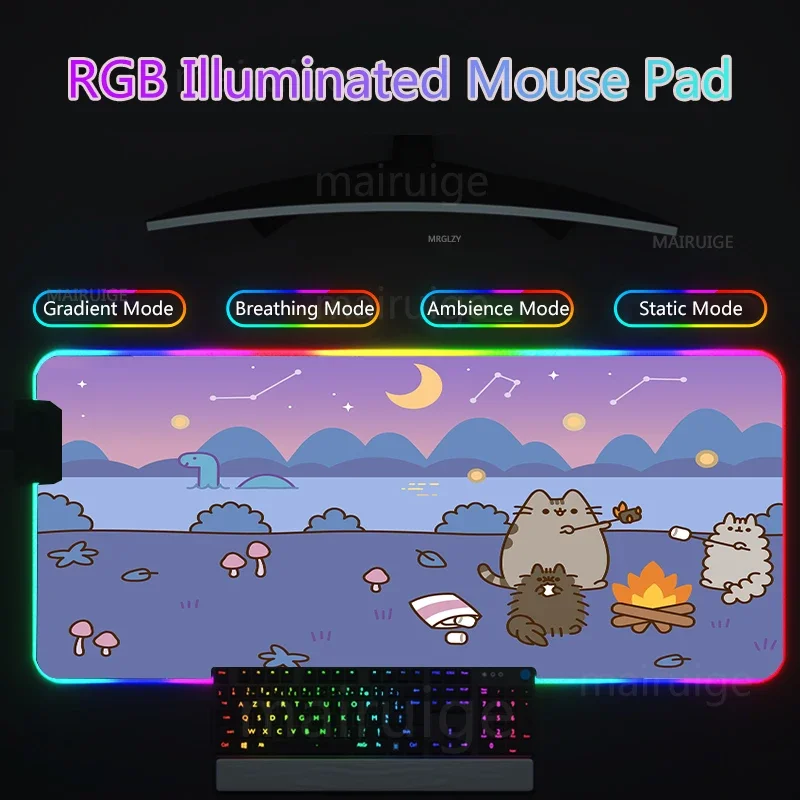 Cute Cats RGB Led Mouse Pad Backlight Gamers Gaming Accessories Desk Mats Kitty MousePad Large Keyboard Mouse Mat Girly PlayPads