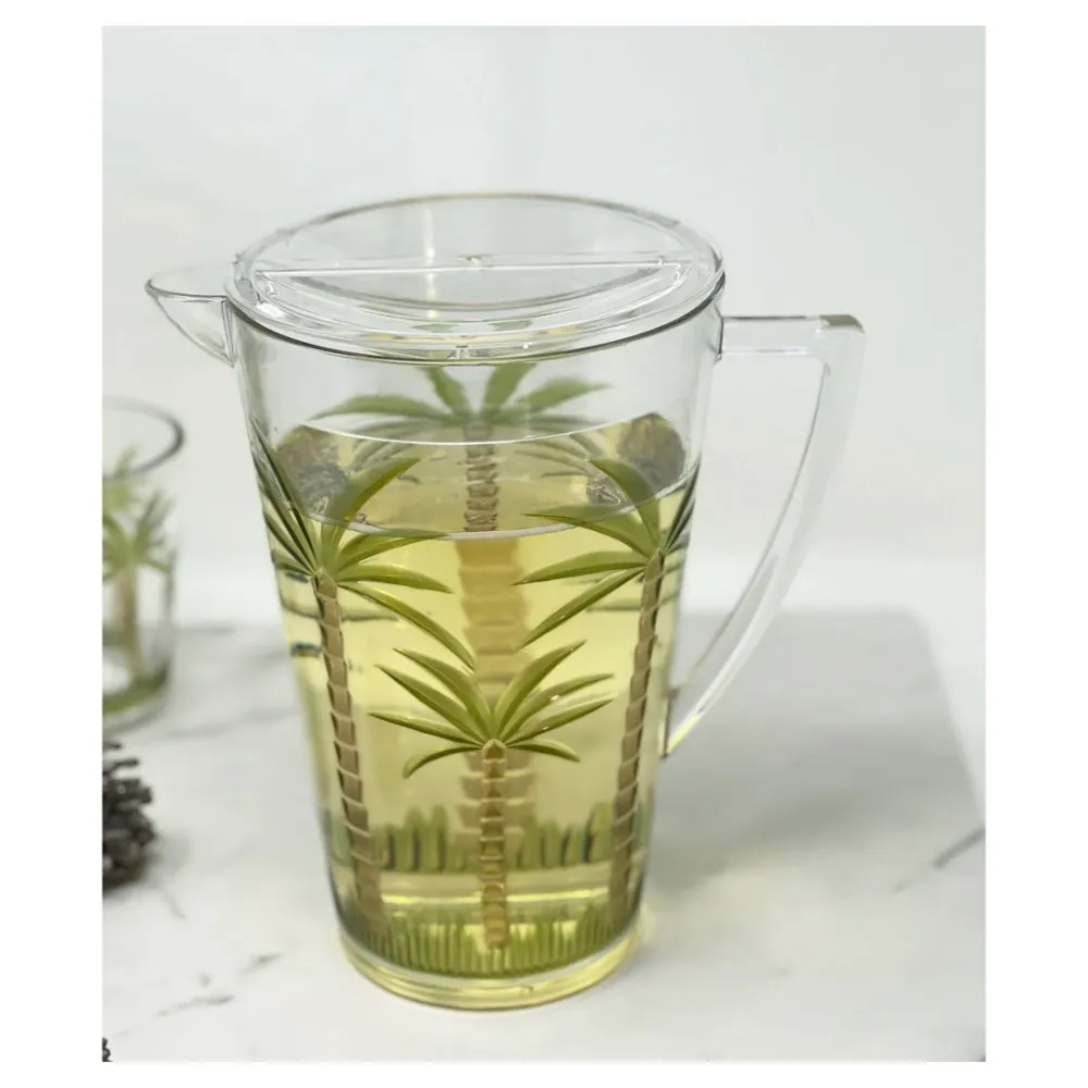 2.75 Quarts Water Pitcher with Lid, Palm Tree Design Unbreakable Plastic Pitcher,  Juice Pitcher with Spout BPA Free