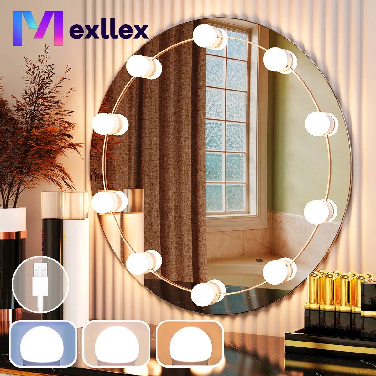 Mexllex LED Vanity USB Light for Mirror with 10 Dimmable Bulbs,3000/4000/6500K & Brightness Adjustable for Makeup Dressing Room