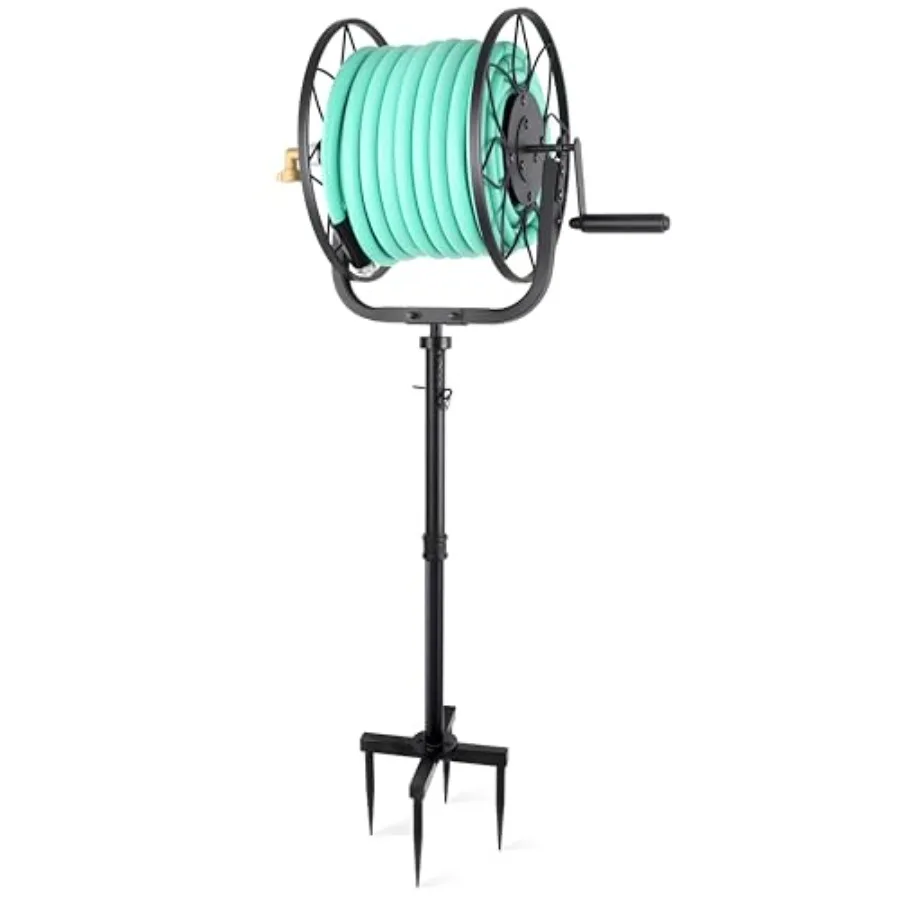 2025年式ガーデンホースリール、ヘビーデューティー屋外用ターンテーブル式ウォーターホースホルダー、100フィート5/8インチホース用、頑丈なクロスベース、高さ調整可能