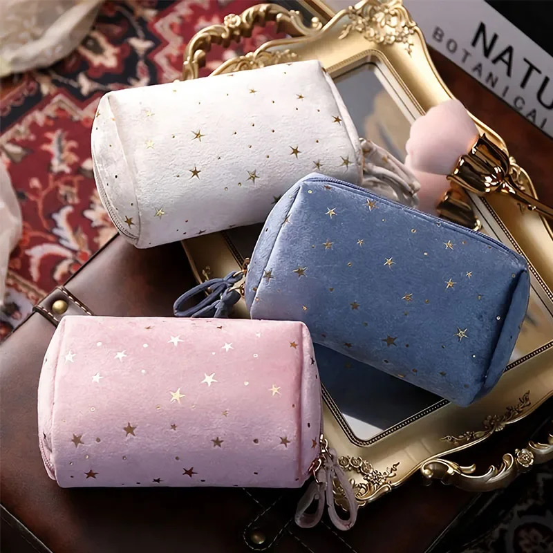 Bolsa de cosméticos con decoración de estrellas para mujer, bolsa de almacenamiento de maquillaje de terciopelo suave, bolsa de viaje, paquete de