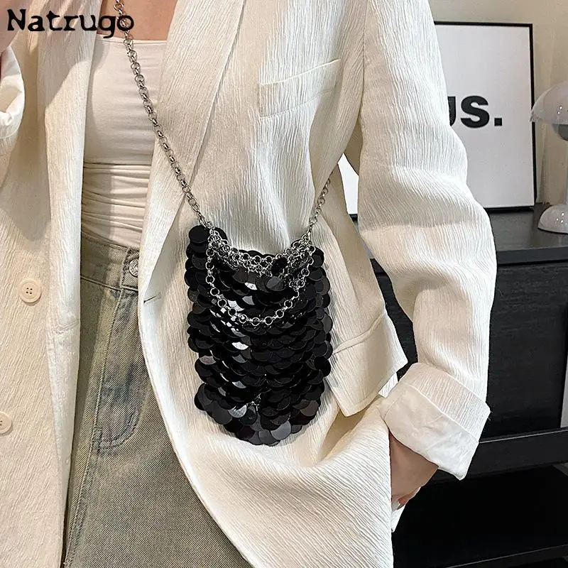 Metal Sequins Chain Woven Bag Evening Bag 2024 Pink Luxury Designer Women Bags Clutch Female Travel Holiday Shoulder Bag Handbag