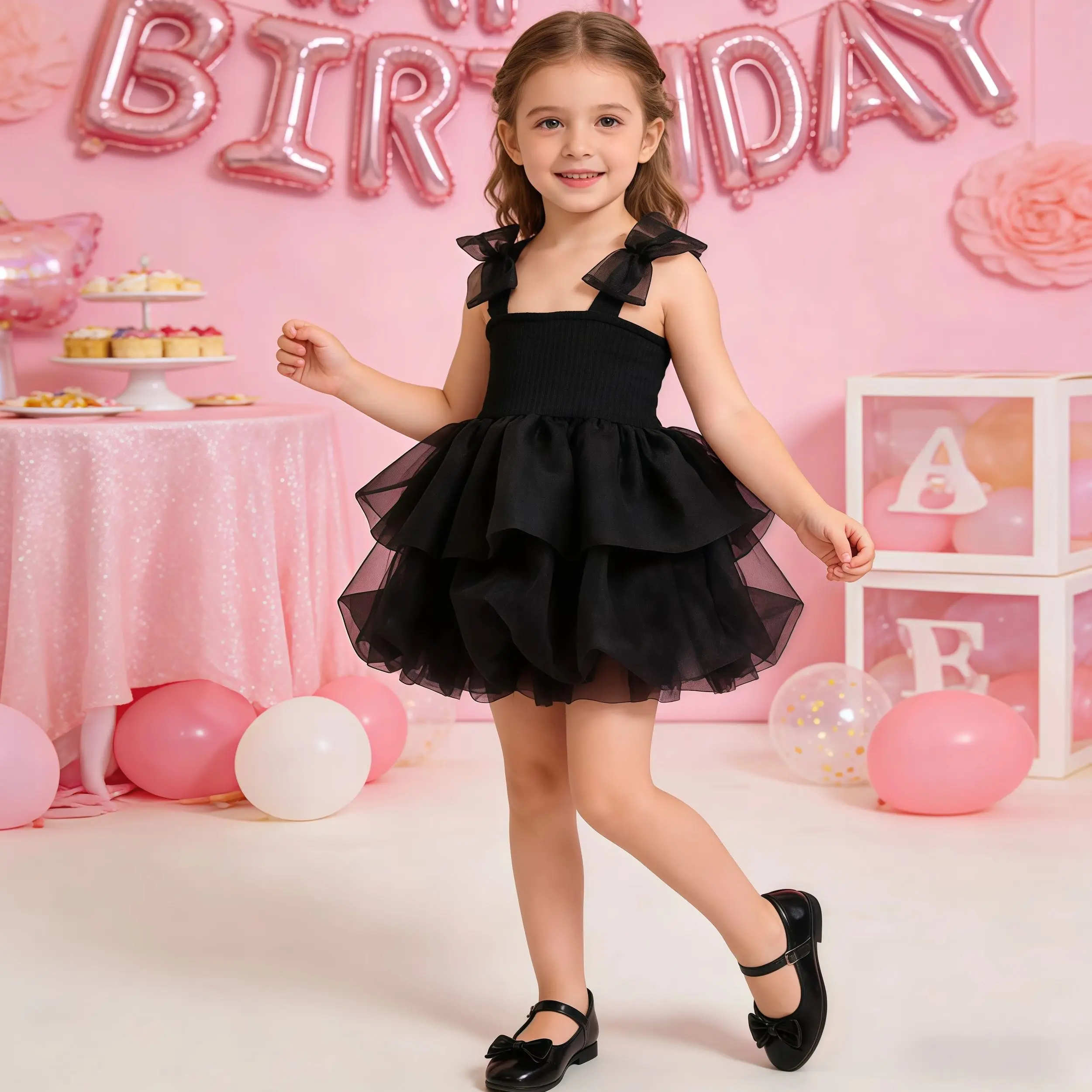 Summer Princess Party Tutu Dress With Bow Strap Baby Mesh Clothes Short Sleeve Kids Birthday Skirt Toddler Girls Tulle Dress 1-6