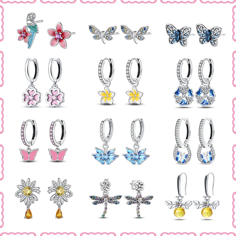 

925 sterling silver fashion spring series women's earrings butterfly dragonfly flower earrings exquisite wedding jewelry jewelry