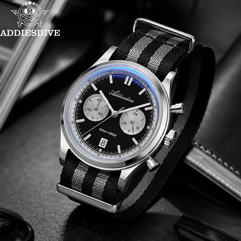 ADDIESDIVE 0S21 Chronograph Watches Men's 38mm Quartz Watch 100m Waterproof Bubble Glass Nylon Strap Luminous Wristwatch AD2542
