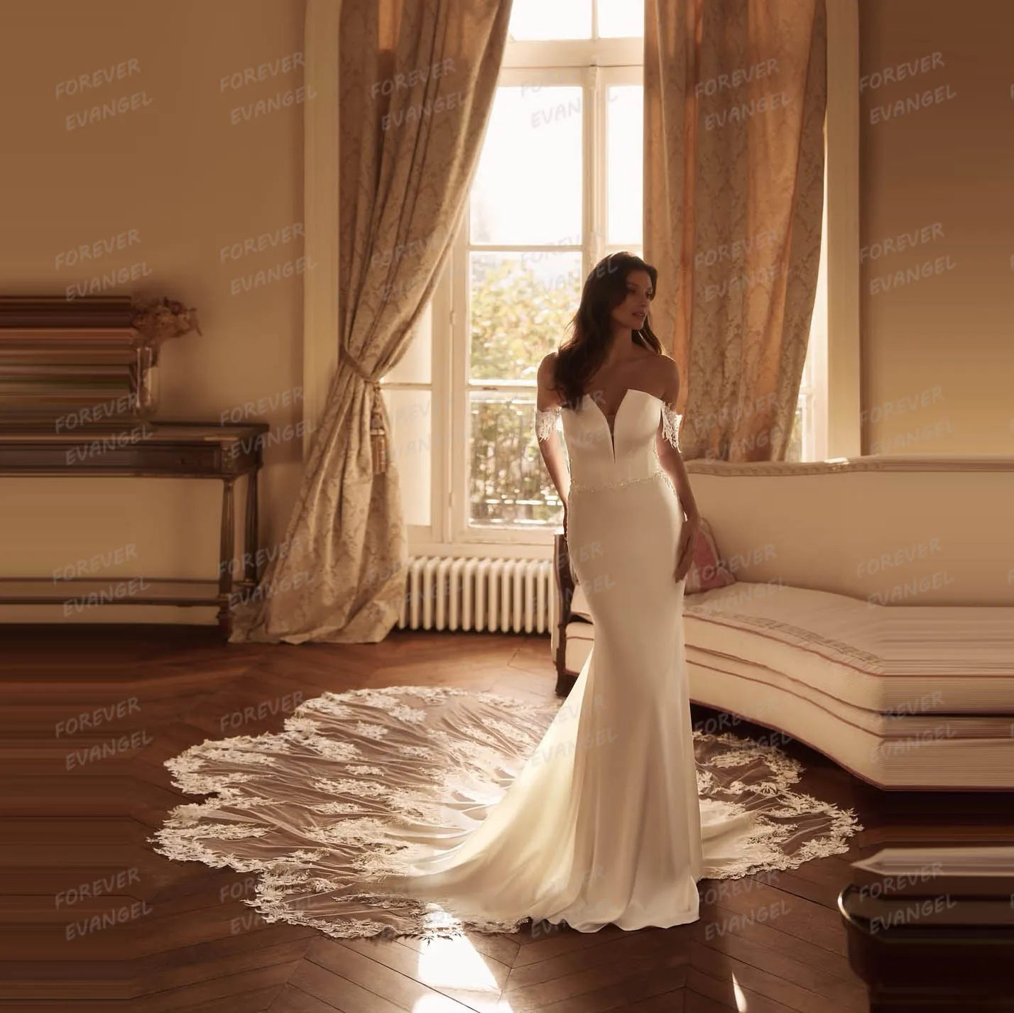

Luxury Mermaid Wedding Dresses Woman's Appliques Sweep Train Bride Gowns Satin Lace Vestidos Customized فساتين سهرة