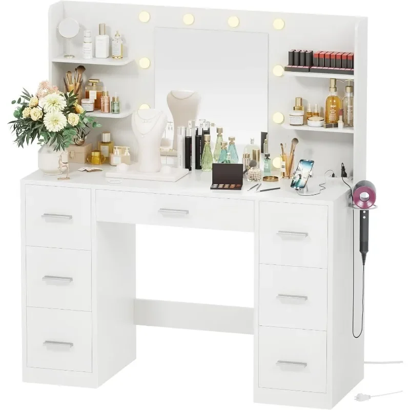 Vanity Desk com LED espelho iluminado, tomada de energia, 7 gavetas, 6 Prateleiras de armazenamento para quarto e vestiário, Modelo 3