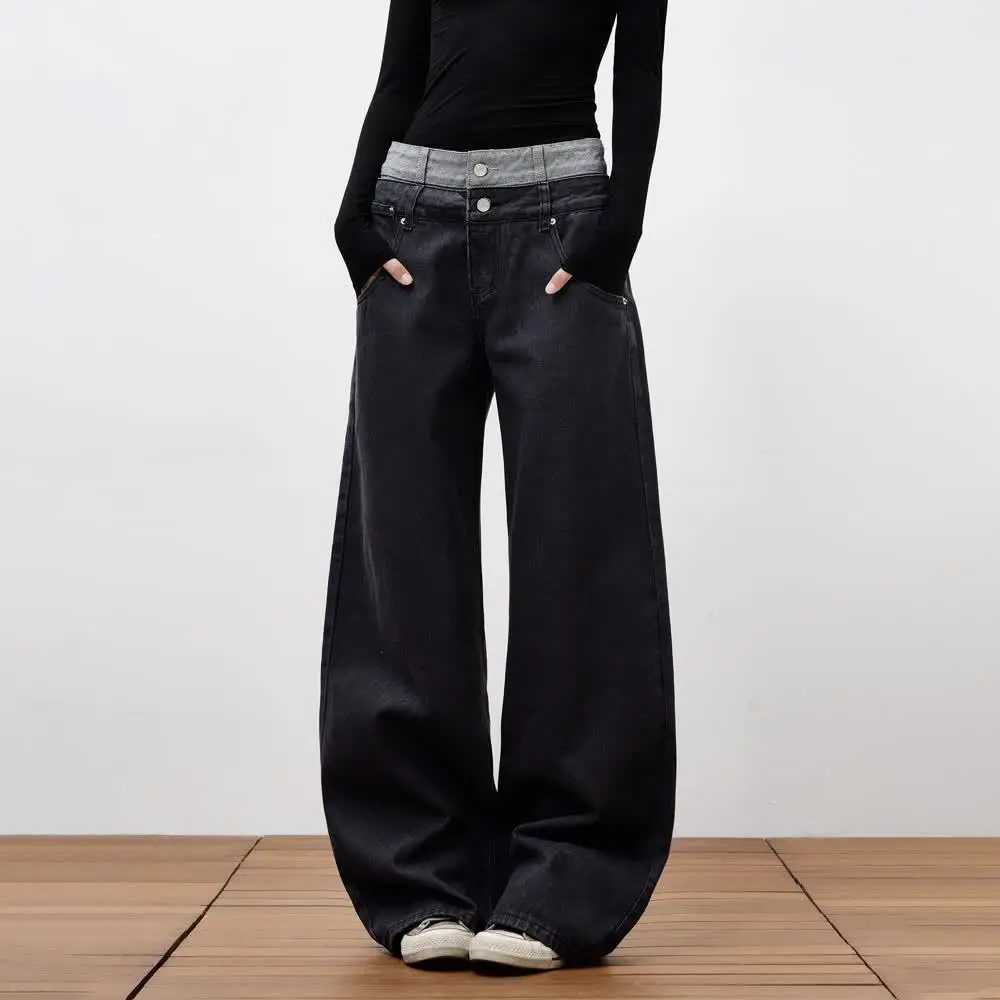 Jeans Splicing Double Waistbands Niche High-end Drapey All-matching Loose Casual Cool Personality Man Straight-leg