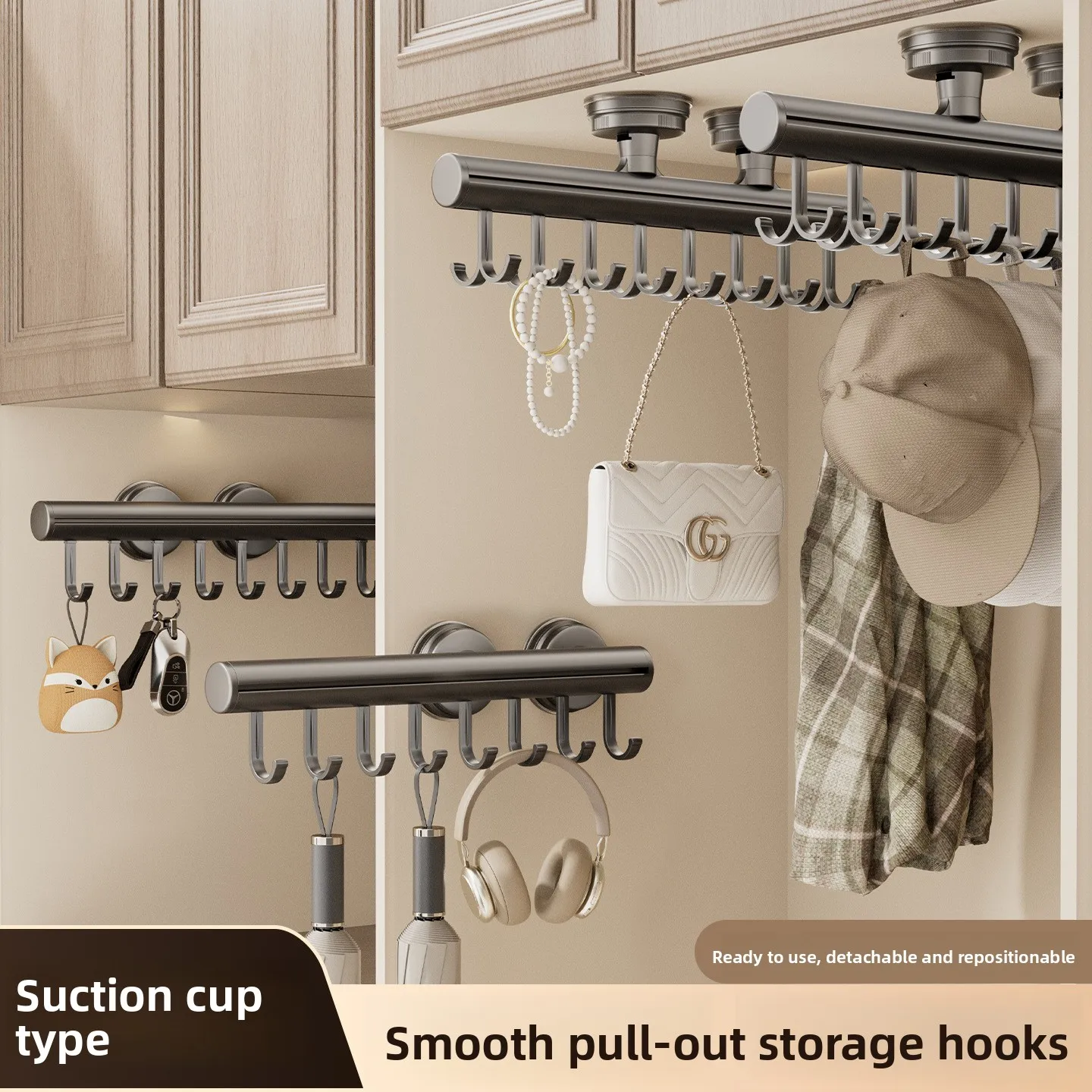 Pull Out Wardrobe Hanger Sliding Rail Suction Cup Clothes Rack No Drill Wall Mounted Retractable Pants Rack Cabinet Organizer