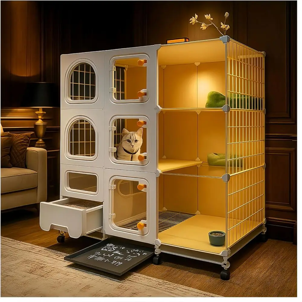 

Indoor Cat Cage with Litter Box, Bed, Bowl, Cleaning Set, Large Enclosure, Outdoor Cat House with Wheels, Small Animal Kennel (4