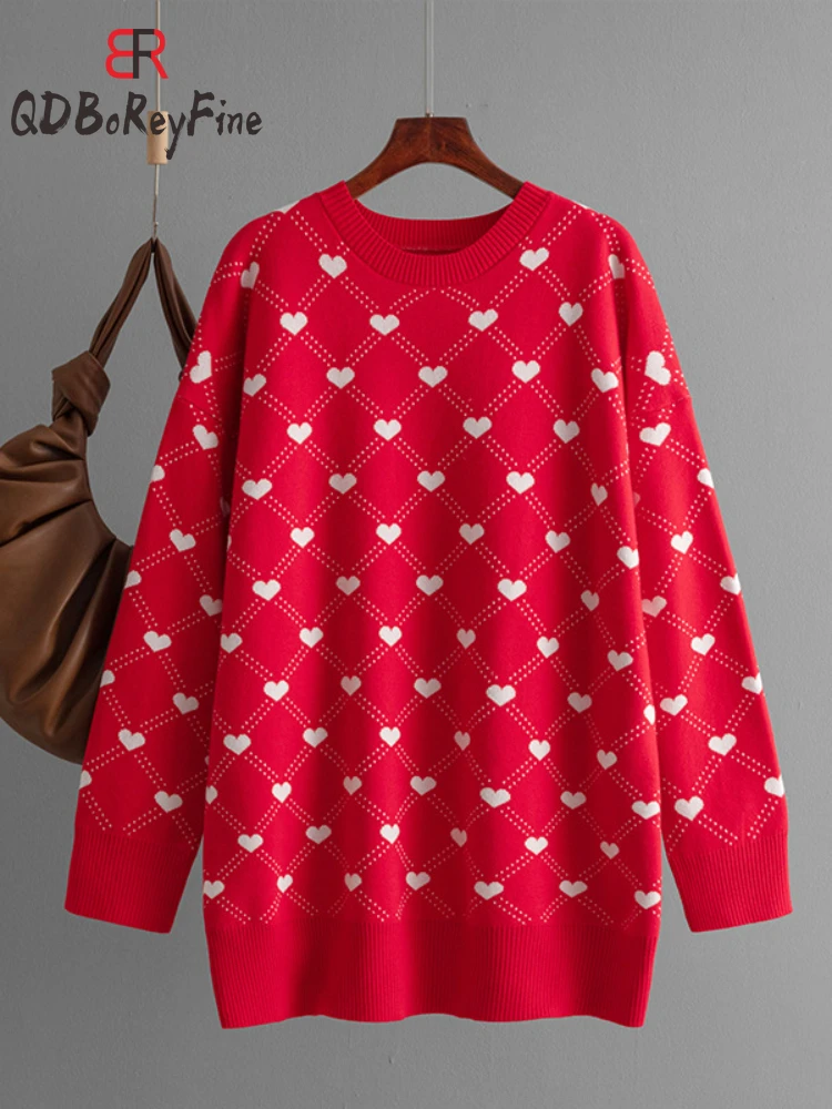 Women\'s Oversized Long Sweater Autumn Office Pink Heart Printed Knitted Jumper Long Sleeve Tops Pullover Winter Sweaters Woman