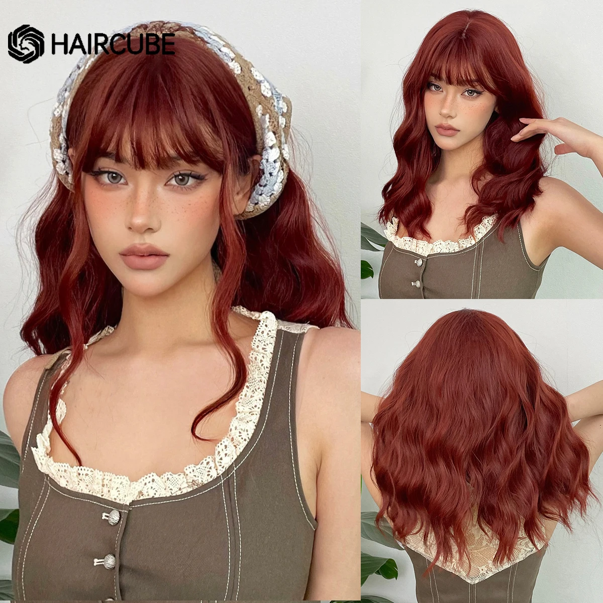 Medium Length Wine Red Synthetic Wig Natural Wave Red Brown Bob Wig for Women Daily Cosplay Hair With Bangs Heat Resistant