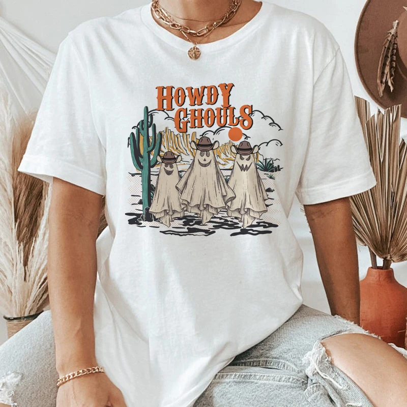 Howdy Ghouls Desert Ghost Print Funny Halloween Horror T Shirt Vintage Western T-Shirts Women Cute Graphic Tees Fall Shirt Tops