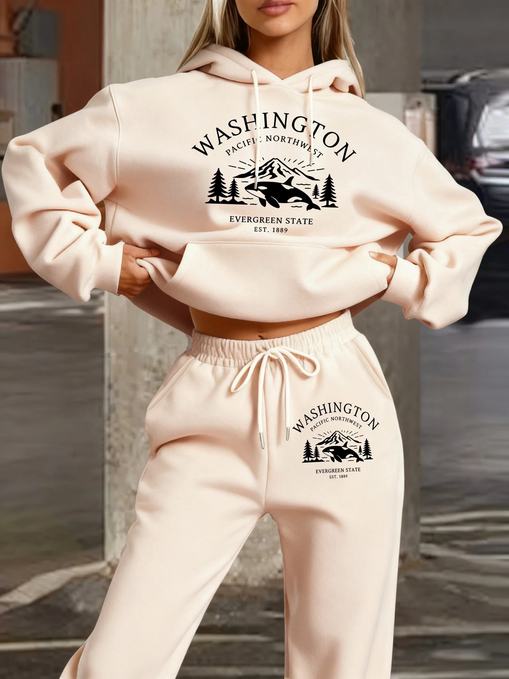 

Washington Evergreen State Est 1889 принтов 2025 женский спортивный флисовый комплект с капюшоном осенние спортивные штаны для бега повседневная мягкая спортивная одежда