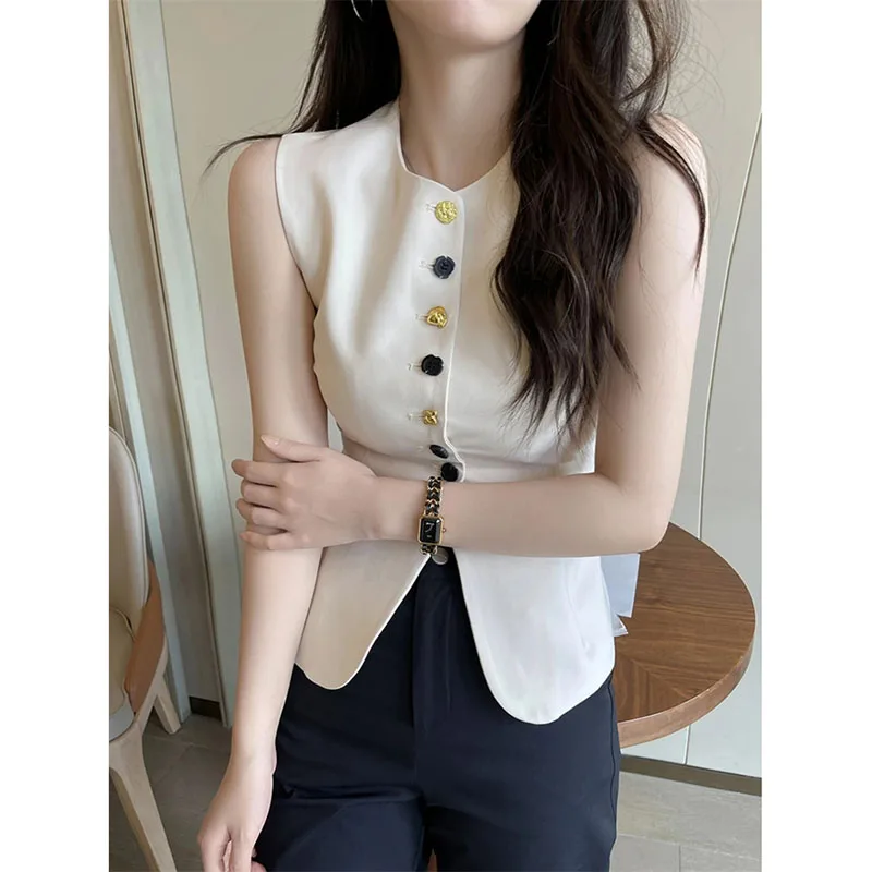 Bege sem mangas fino em torno do pescoço colete feminino verão outono 2025 novo temperamento elegante casual versátil colete topo feminino