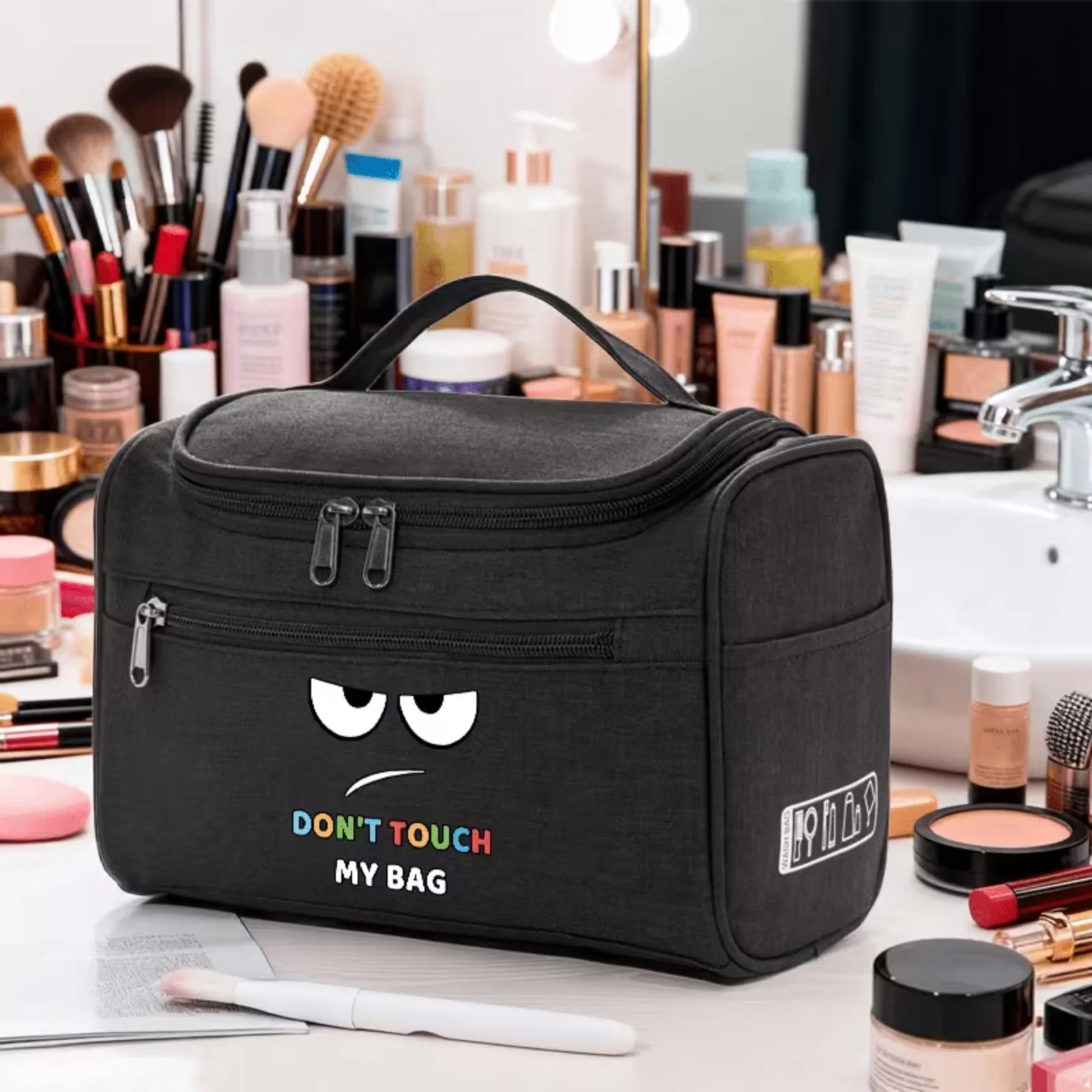 Funny Don't Touch My Bag Toiletry Bag, Cute Cartoon Print Cosmetic Pouch, Hanging Portable Travel Makeup Organizer Case