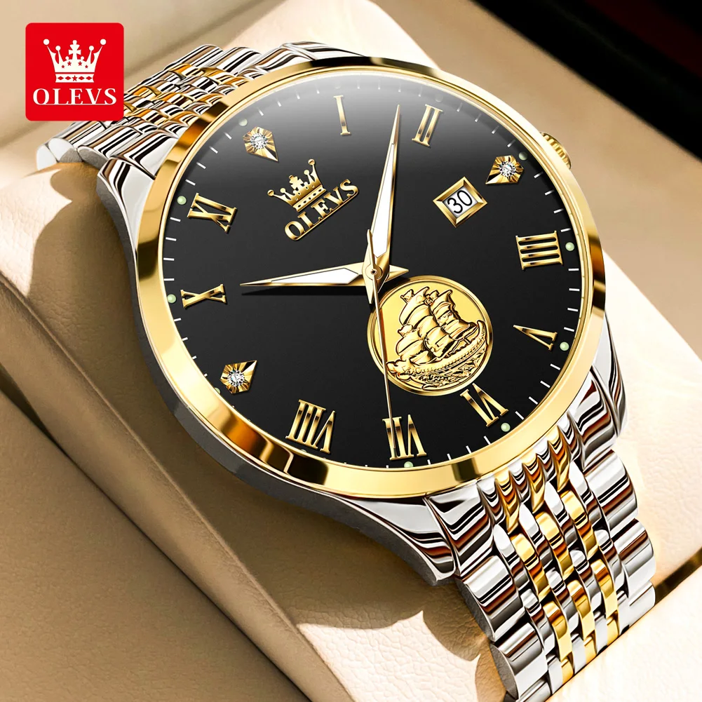 

OLEVS Original Brand Men's Watches Sailboats Relief Diamond Dial Automatic Mechanical Watch Waterproof Calendar Male Wristwatch