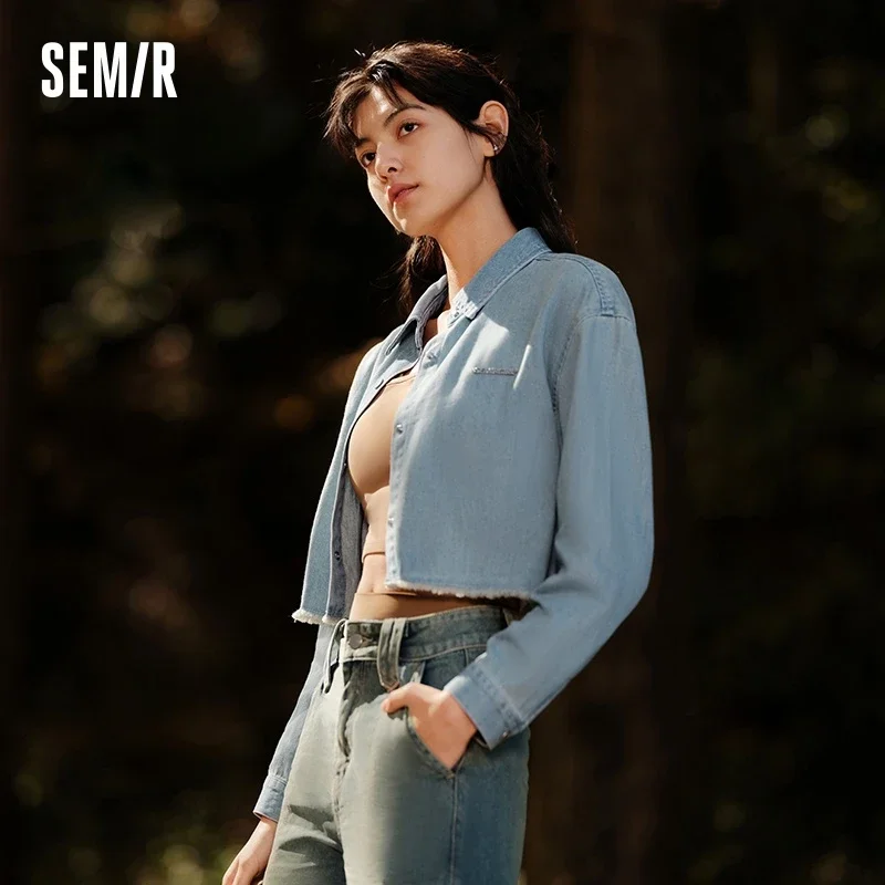 Semir 2024 Denim Shirt Women Short Raw Edge 2024 Spring New Loose Long-Sleeved Top Versatile