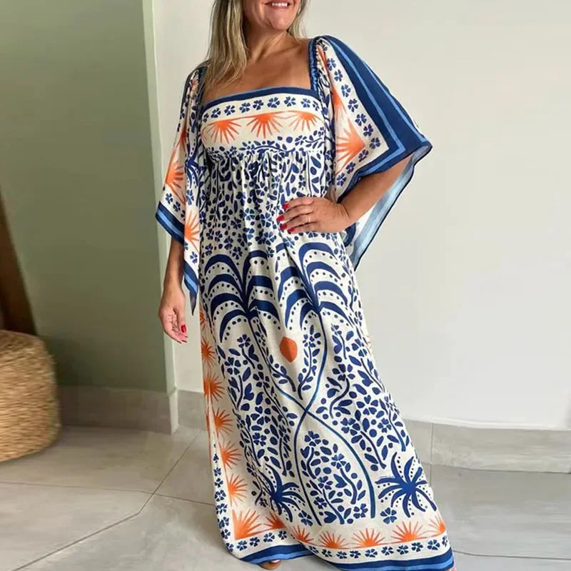 

Casual Pattern Printed High Waist Dress 2024 Summer Vacation Loose Women Dress Fashion Square Neck Batwing Sleeve Bohemian Dress