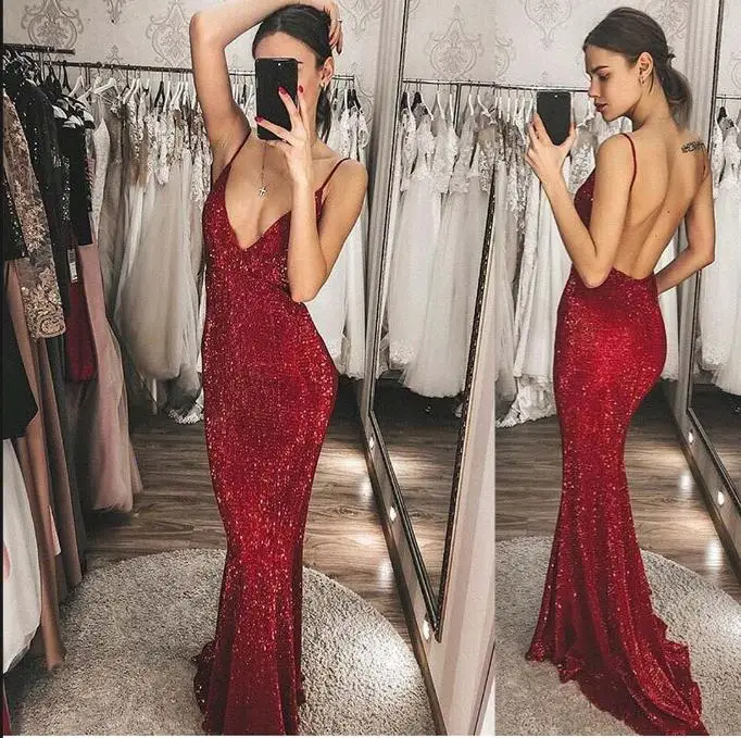 

Sparking Mermaid Prom Dress Deep V Neck Sleeveless Backless Sexy Evening Dress with Brush Train Sequin