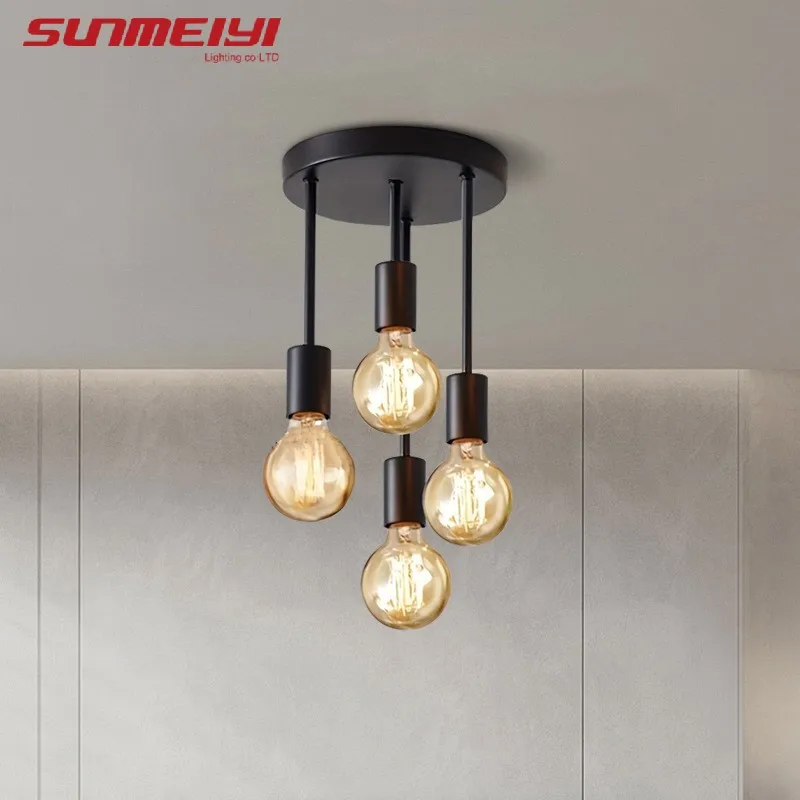 Lámpara de techo con Base de bombilla E27 de cuatro cabezales, moderna, sencilla, negra, adecuada para entrada, dormitorio, cocina, pasillo, 1 ud.