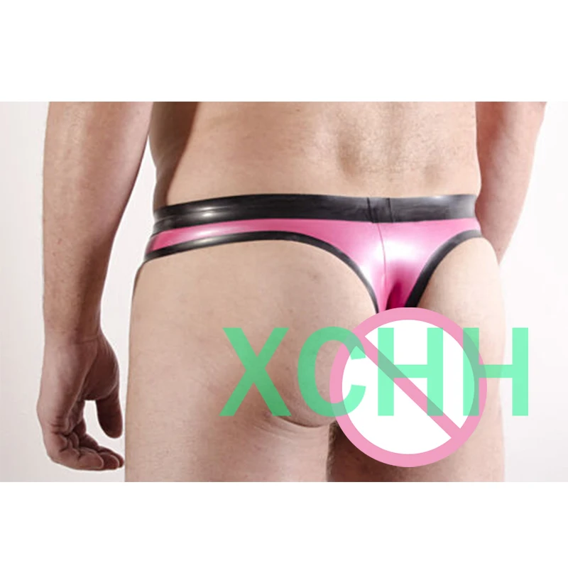 Calzoncillos de goma estilo Tanga para hombre, cinturilla en contraste y borde, color rosa y negro, látex de 0,4mm