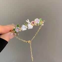 Cute Rabbit Flower Charms Bracelets for Women Korean Style Animal Pearl Chain Bracelet Adjustable Bangle Jewelry Accessories
