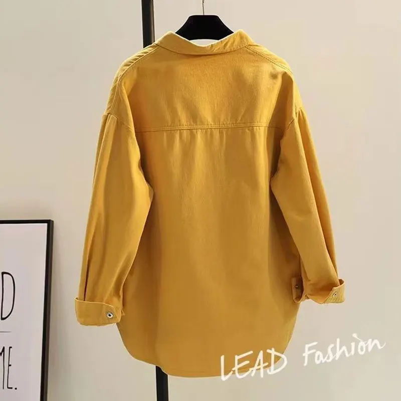 Beige solide décontracté col Polo coton simple boutonnage à manches longues femmes Blouse chemise décontracté femme vêtements hauts mode 2025