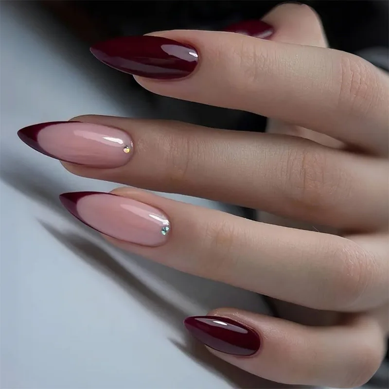 

24Pcs Mid-length French Almond Nails Set Press on Red Edge Simple Rhinestone Fake Nail Reusable Full Cover False Nails Tips Art