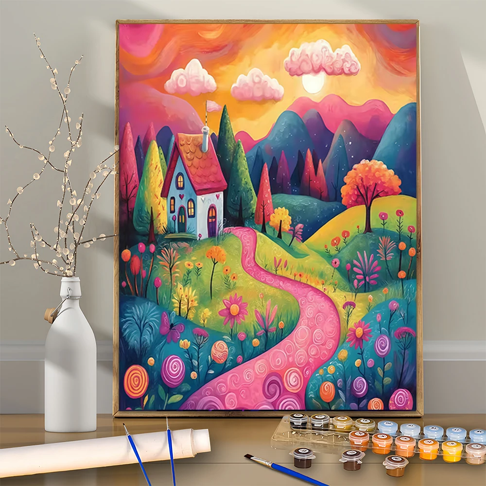 1Pcs Mountain Flower Path   DIY Acrylic Digital Painting Kit For Beginners Home Wall Decor Frame Not Included