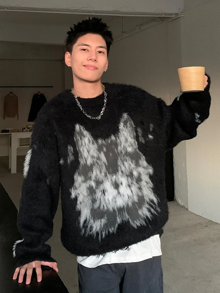 Fluffy Sweaters Men Loose Spring Autumn Outdoor All-match Korean Style Classic Normcore Prevalent O-neck Print Stylish Hip Hop