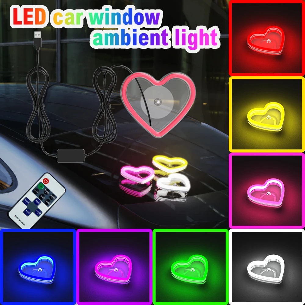 Car LED Glass Window Lights Interior Decoration Lights Glowing Heart Atmosphere Light USB Wiring Car Modification Neon Lamp