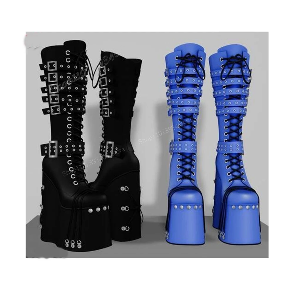 Black Round Rivets Platform Buckle Belts Knee High Boots Cross Tied Wedges High Heel Sexy Women Shoes 2024 Zapatos Para Mujere