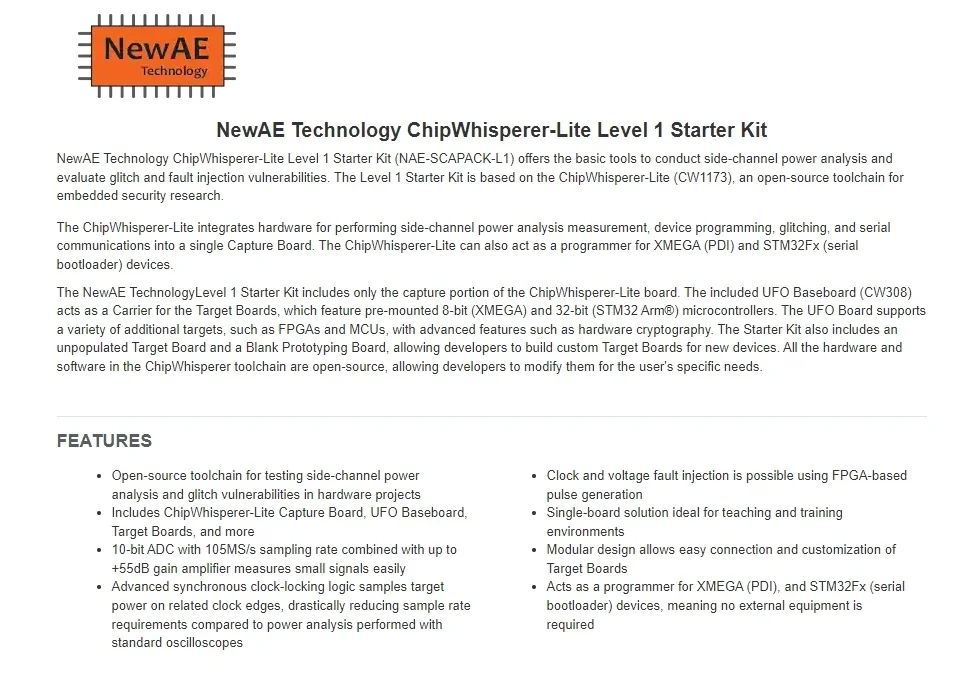 Schede e kit di sviluppo del kit iniziale NAE-SCAPACK-L1 AVR ChipWhisperer livello 1