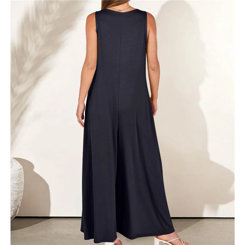 

Горячие Kf-женские повседневные летние свободные комбинезоны без рукавов с V-образным вырезом, широкие длинные комбинезоны, мешковатый джемпер с карманами