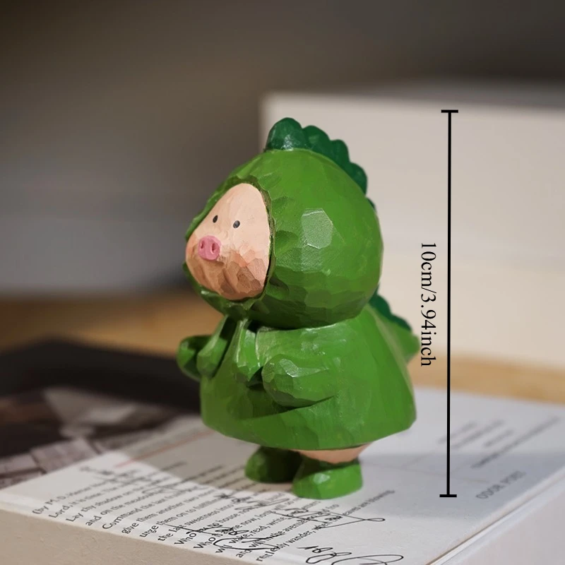 1PC Dino-Pig Hybrid Hand Carved Wood Statue Lovely Timber Creative Study Desk Decor Special Gift Handmade Wooden Animal Figurine