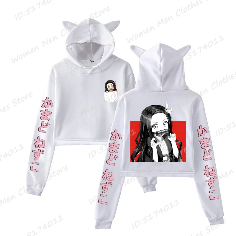 

New Anime Kamado Nezuko Print Hoodies, Women Girl Cat Ears Cropped Hooded Hoodie, Kamado Nezuko Harajuku Long Sleeve Short Tops