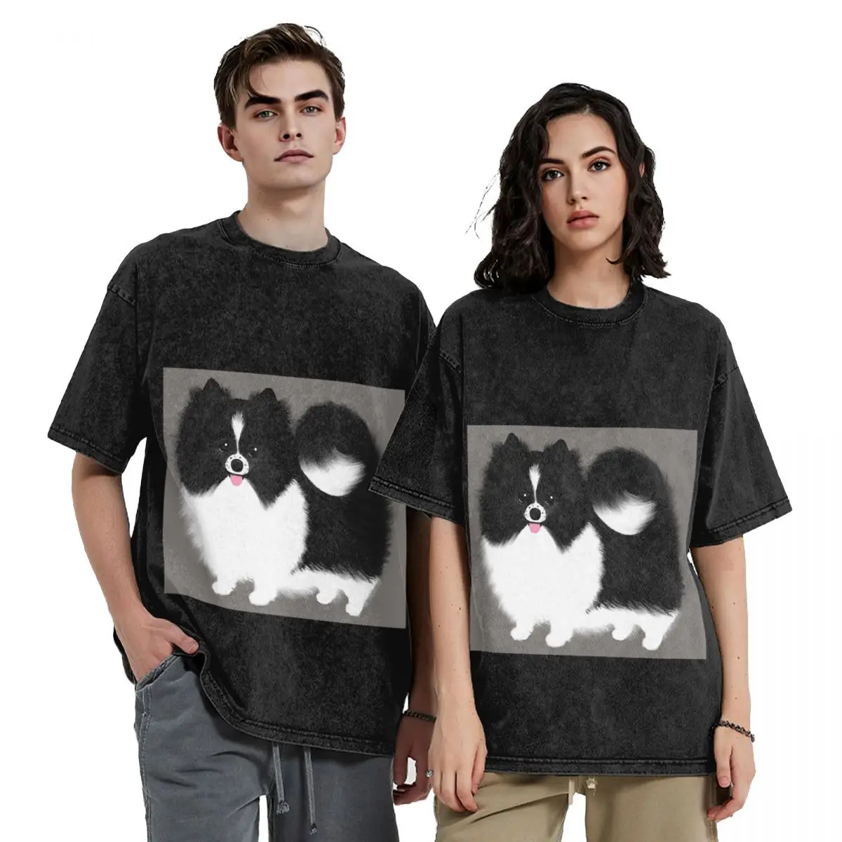 Black And White Parti Pomeranian Fluffy Dog Short Sleeve T-Shirts Washed Tops Tees Streetwear T Shirt Casual for Men Women