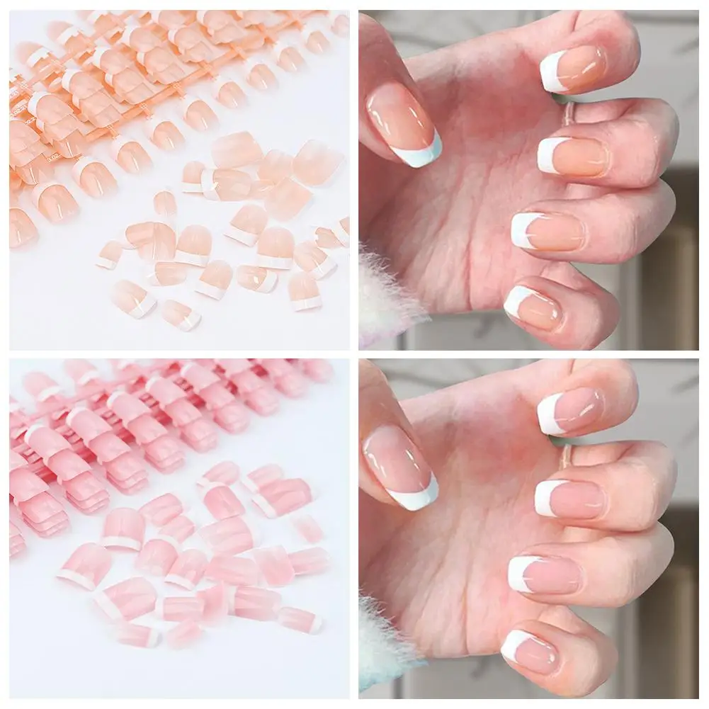 화이트 엣지와 핑크 스퀘어 아트 네일이 있는 새로운 프렌치 스타일 인조 손톱 고급 네일 착용 가능 탈부착 가능한 미니멀리스트 패치 Sh Y4G4