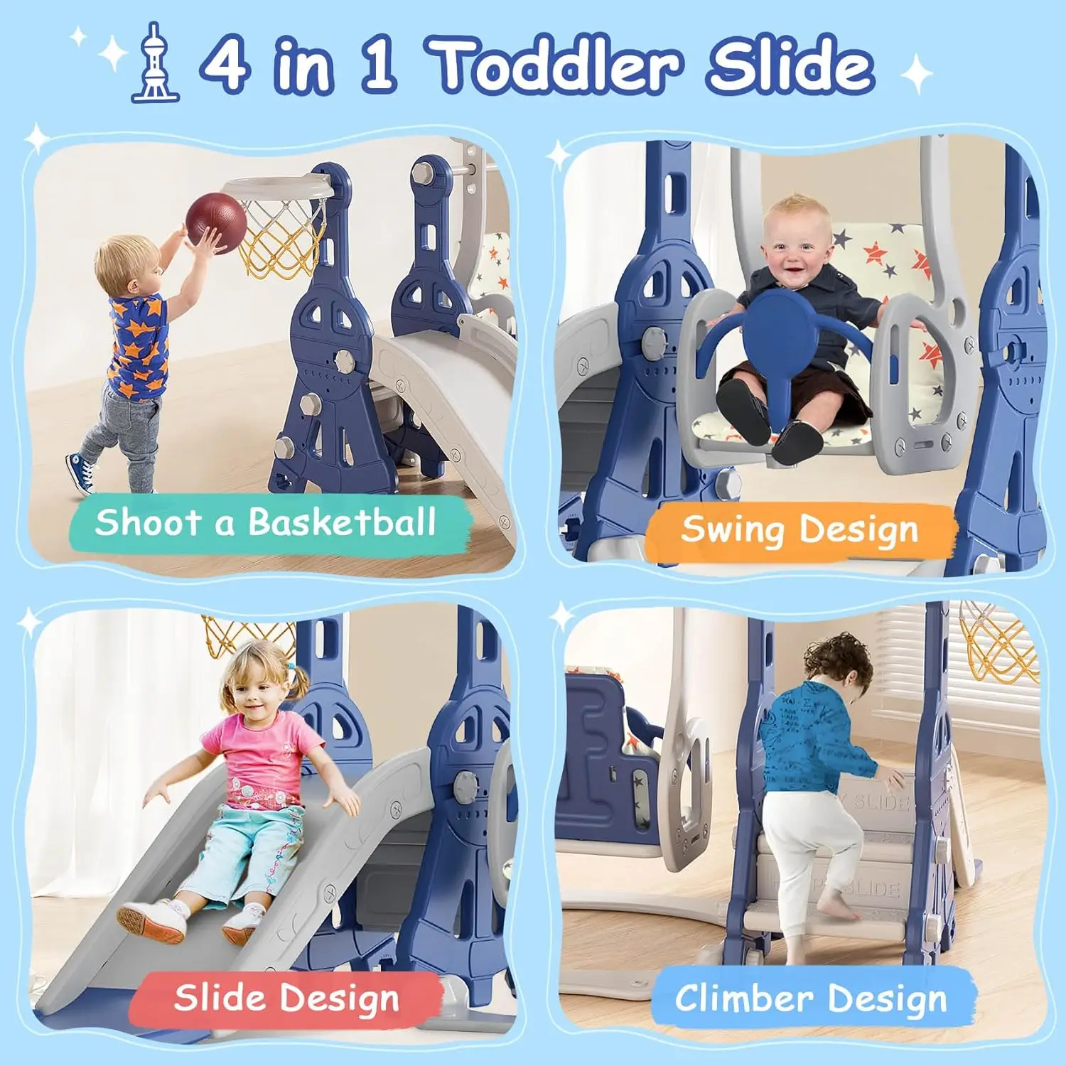 Set scivolo e altalena per bambini 4 in 1, scivolo per bambini di età 1-2 anni, con canestro da basket, set da gioco per bambini per interni ed esterni blu