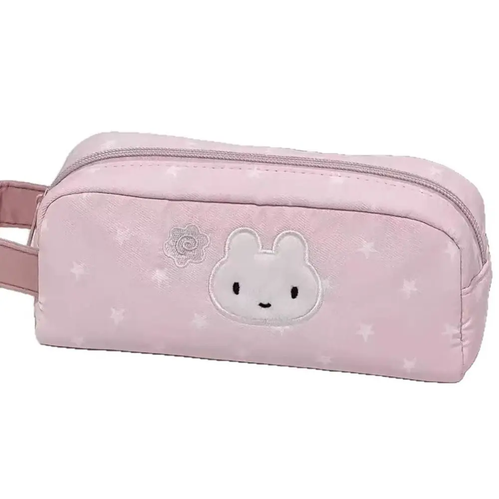Durable Pink Pen Bag Handheld Star Rabbit Pattern Stationery Bag Zipper Design Large Capacity Pencil Case Students