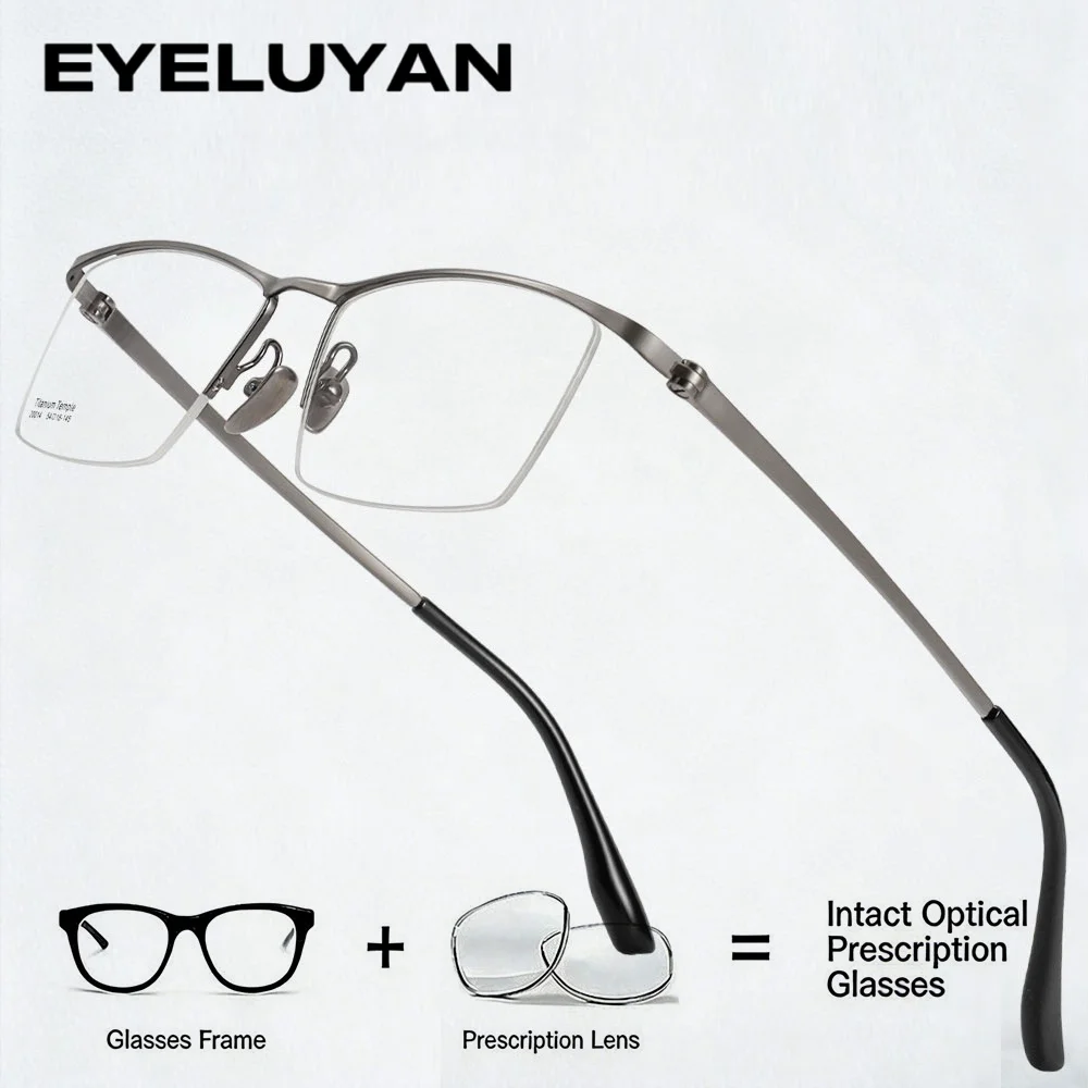 

EYELUYAN Titanium Alloy Slim Prescription Glasses Men Ultralight Square Myopia Eyeglasses Half Rimless Frame Optical Eyewear