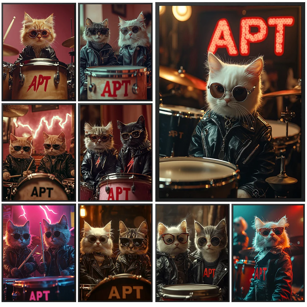 Cool Cat Drum Band Canvas Wall Art Decor,Neon Stage Pet Poster Print Unframed,Unique Gift For Cat Lovers & Music Enthusiasts