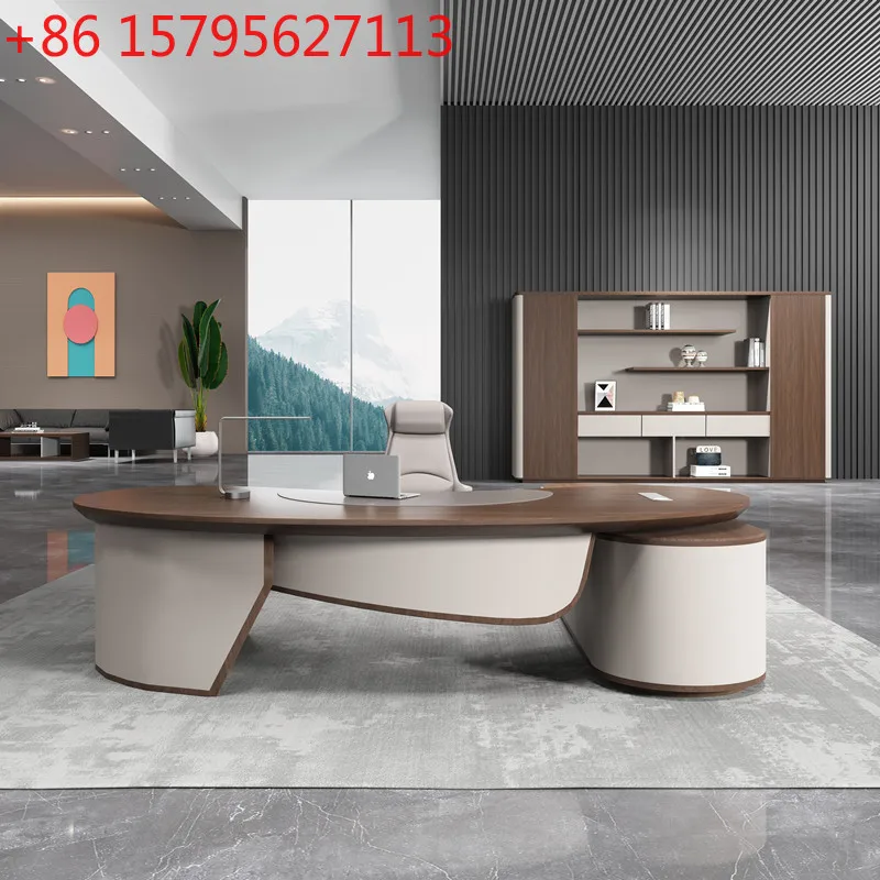 

Paint sticker solid wood leather boss table office table and chair combination president table simple modern light luxury large