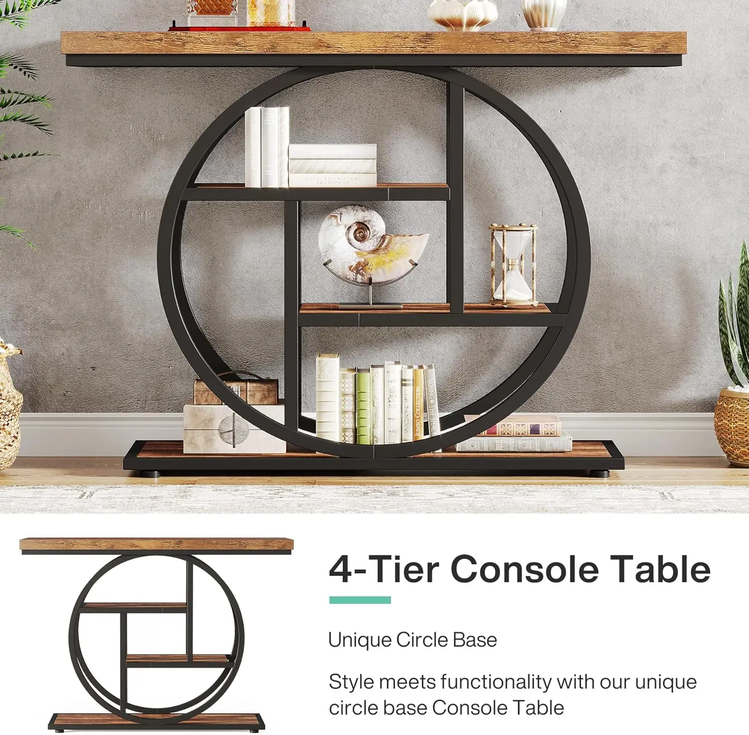 41.3" Console Table, 4-Tier Sofa Table Entryway Table with Circle Base, Narrow Wood Accent Tables with Storage Shelves image 5