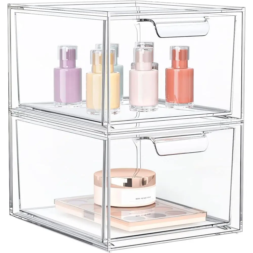 

Stackable 2-Pack Acrylic Makeup Organizer with Handles for Vanity, Undersink, and Kitchen Storage
