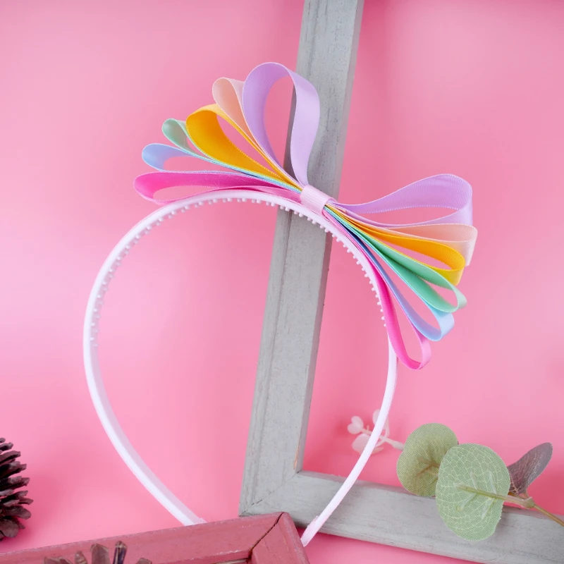 Rainbow Ribbon Bow Headband Sweet Girls Hair Hoop Colorful Party Hair Accessory for Birthday Holiday Celebration Dress Up Decor view 2